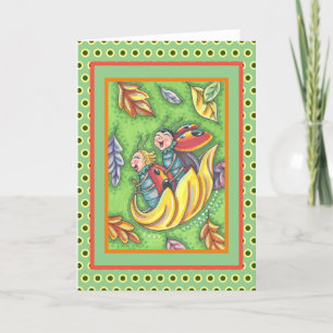 LADYBUGS RIDING ON FALLING AUTUMN LEAVES, FUN BUG BEDANKKAART