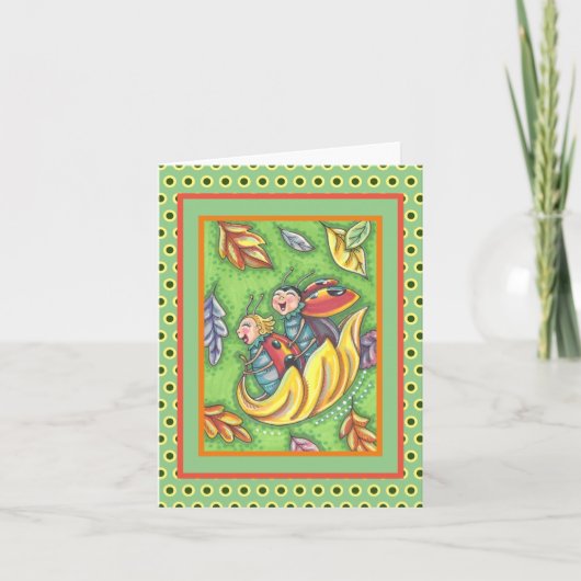 LADYBUGS RIDING ON FALLING AUTUMN LEAVES, FUN BUG BEDANKKAART (Voorkant)