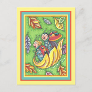 LADYBUGS RIDING ON FALLING AUTUMN LEAVES, FUN BUG BRIEFKAART