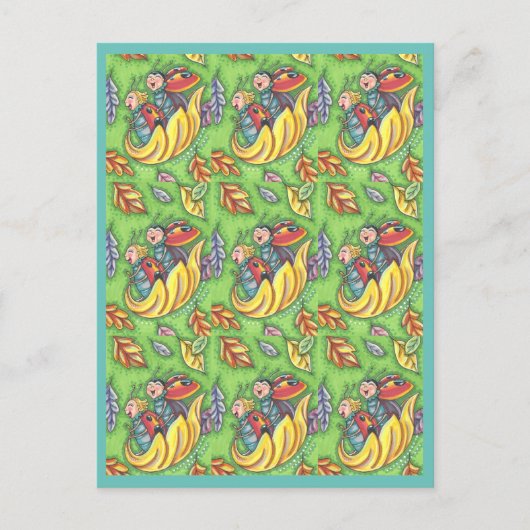 LADYBUGS RIDING ON FALLING AUTUMN LEAVES, FUN BUG BRIEFKAART (Voorkant)
