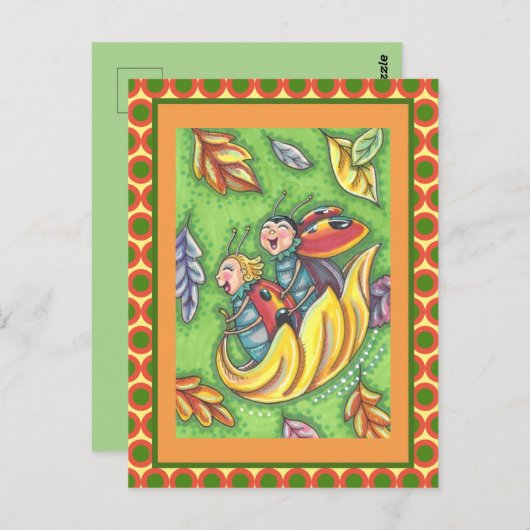 LADYBUGS RIDING ON FALLING AUTUMN LEAVES, FUN BUG BRIEFKAART (Voorkant / Achterkant)
