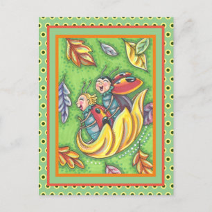 LADYBUGS RIDING ON FALLING AUTUMN LEAVES, FUN BUG BRIEFKAART