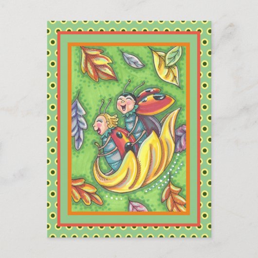 LADYBUGS RIDING ON FALLING AUTUMN LEAVES, FUN BUG BRIEFKAART (Voorkant)