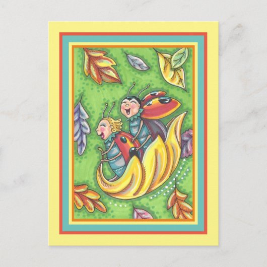 LADYBUGS RIDING ON FALLING AUTUMN LEAVES, FUN BUG BRIEFKAART (Voorkant)