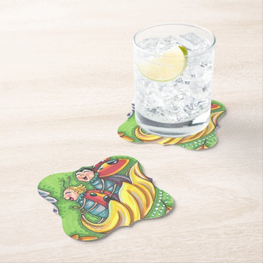 LADYBUGS RIDING ON FALLING AUTUMN LEAVES, FUN BUG KARTONNEN ONDERZETTERS (Insitu)