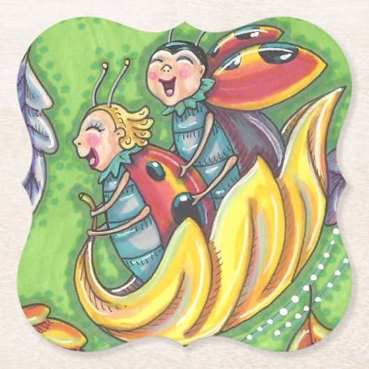 LADYBUGS RIDING ON FALLING AUTUMN LEAVES, FUN BUG KARTONNEN ONDERZETTERS (Voorkant)