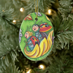 LADYBUGS RIDING ON FALLING AUTUMN LEAVES, FUN BUG KERAMISCH ORNAMENT