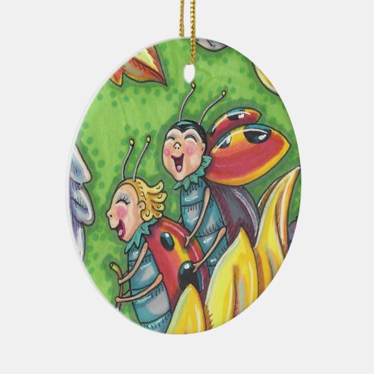 LADYBUGS RIDING ON FALLING AUTUMN LEAVES, FUN BUG KERAMISCH ORNAMENT (Rechts)