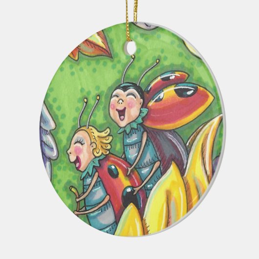 LADYBUGS RIDING ON FALLING AUTUMN LEAVES, FUN BUG KERAMISCH ORNAMENT (Links)