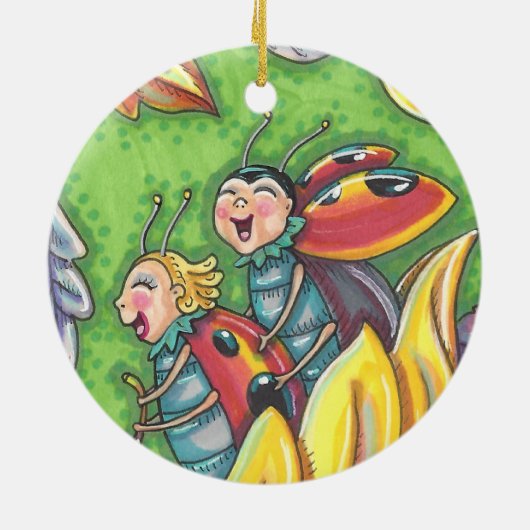 LADYBUGS RIDING ON FALLING AUTUMN LEAVES, FUN BUG KERAMISCH ORNAMENT (Achterkant)