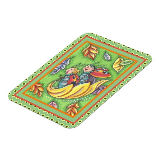 LADYBUGS RIDING ON FALLING AUTUMN LEAVES, FUN BUG MAGNEET (Linkerzijde)