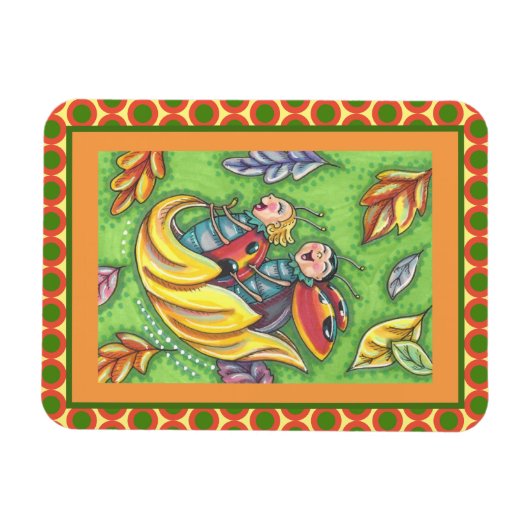 LADYBUGS RIDING ON FALLING AUTUMN LEAVES, FUN BUG MAGNEET (Horizontaal)