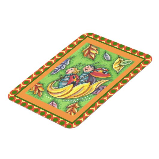 LADYBUGS RIDING ON FALLING AUTUMN LEAVES, FUN BUG MAGNEET (Linkerzijde)