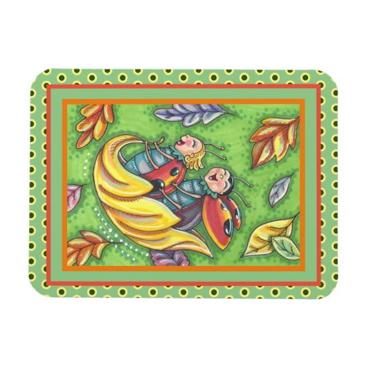 LADYBUGS RIDING ON FALLING AUTUMN LEAVES, FUN BUG MAGNEET (Horizontaal)