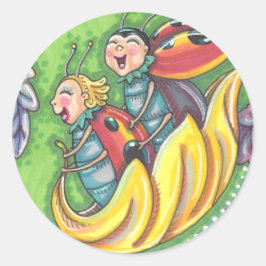 LADYBUGS RIDING ON FALLING AUTUMN LEAVES, FUN BUG RONDE STICKER