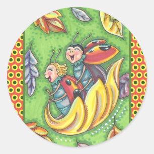 LADYBUGS RIDING ON FALLING AUTUMN LEAVES, FUN BUG RONDE STICKER