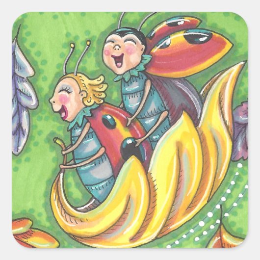 LADYBUGS RIDING ON FALLING AUTUMN LEAVES, FUN BUG VIERKANTE STICKER (Voorkant)