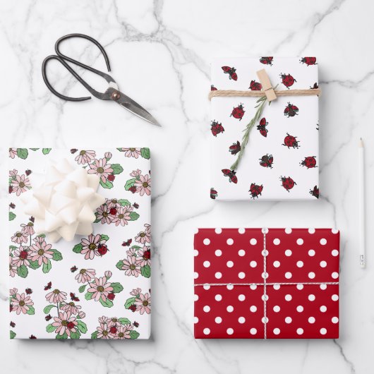 Ladybugs roze Daisies Polka Dots Mixed Patronen Inpakpapier Vel (Voorkant)