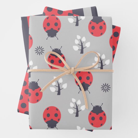 Ladybugs Stripes Polka Dots Wrapping Paper Set (In situ)