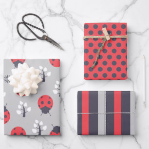 Ladybugs Stripes Polka Dots Wrapping Paper Set