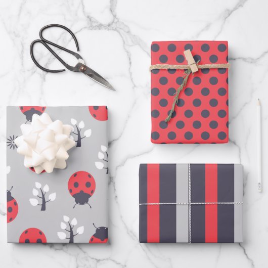Ladybugs Stripes Polka Dots Wrapping Paper Set (Voorkant)