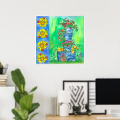 Ladybugs Sunflower Red Roses Waterverf Flowers Poster (Thuiskantoor)