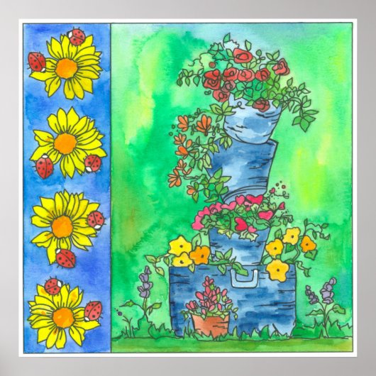 Ladybugs Sunflower Red Roses Waterverf Flowers Poster (Voorkant)