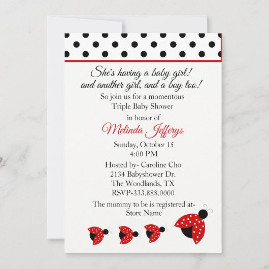 Ladybugs Triplets Baby shower Invitation Kaart (Voorkant)