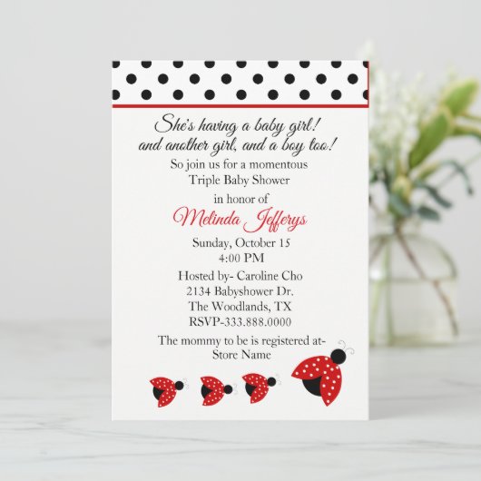 Ladybugs Triplets Baby shower Invitation Kaart (Staand voorkant)