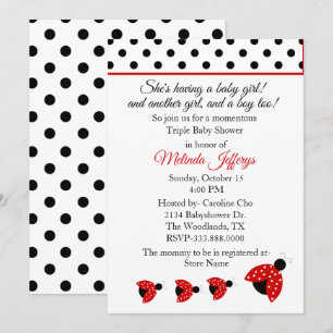 Ladybugs Triplets Baby shower Invitation Kaart