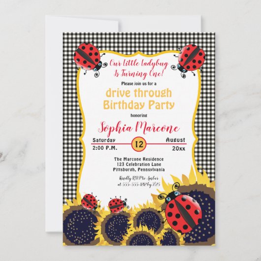 Ladybugs - Zonnebloem 1ste drive Thru Birthday Kaart (Voorkant)