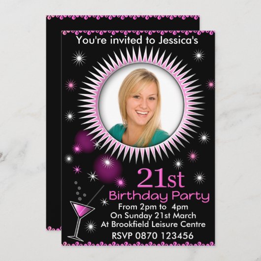 Lady's 21st Birthday Party Fotouitnodiging Kaart (Voorkant / Achterkant)