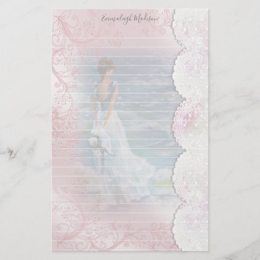 Ladys Ocean Uitzicht Faux Lace Lined Briefpapier (Voorkant)