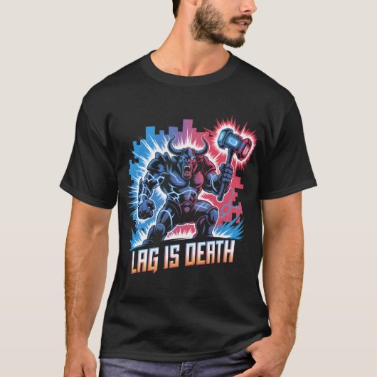 Lag is Death Funny Gamer T-shirt Cyberpunk Minotau (Voorkant)