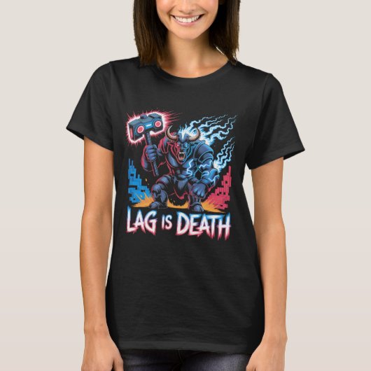 Lag is Death Funny Gamer T-shirt Cyberpunk Minotau (Voorkant)