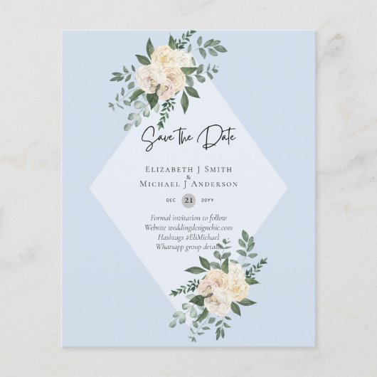 LAGE BEGROTING Witte rozen BESPAAR DE DATA Moderne Flyer (Voorkant)