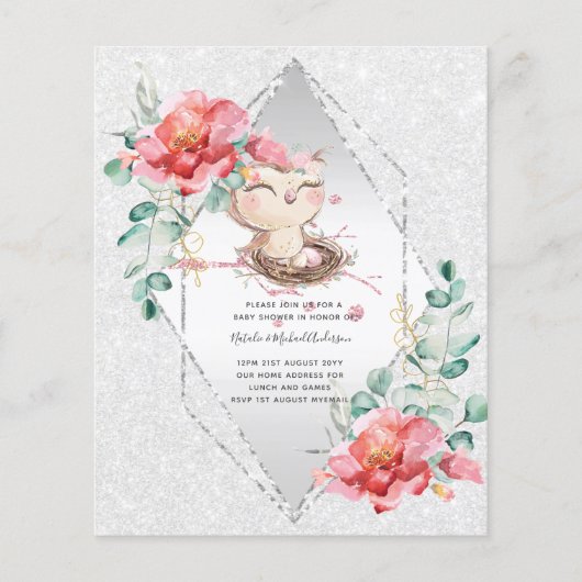 LAGE BUDGET BABY SHOWER INVITATIONS Pink OWL Cute Flyer (Voorkant)