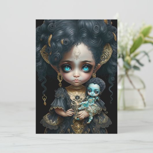 Lage bui, gotisch meisje met Antiek doll, grote og Kaart (Staand voorkant)