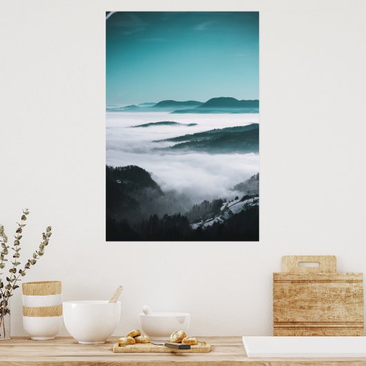Lagen van heuvels, mist en bomen poster (Keuken)