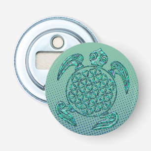 Lager van het leven / Blume des Lebens turquoise Button Flesopener
