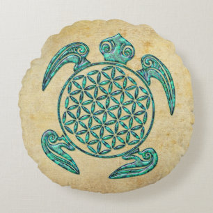 Lager van het leven / Blume des Lebens turquoise Rond Kussen
