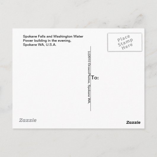 Lagere Spokane Herfsten en Washington Water Power. Briefkaart (Achterkant)
