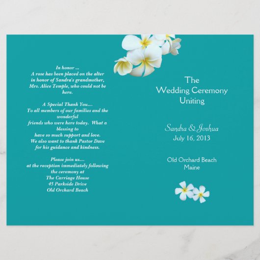 Lagoon Blue Plumeria Beach Wedding Programme (Voorkant)