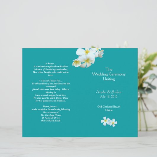 Lagoon Blue Plumeria Beach Wedding Programme (Staand voorkant)
