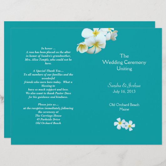 Lagoon Blue Plumeria Beach Wedding Programme (Voorkant / Achterkant)