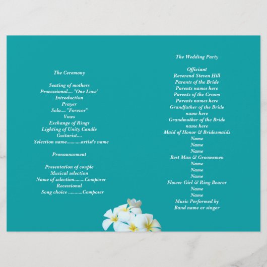 Lagoon Blue Plumeria Beach Wedding Programme (Achterkant)