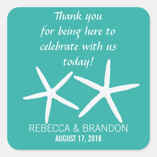 Lagoon Blue Starfish Square Weddenschap Favor Labe Vierkante Sticker (Voorkant)