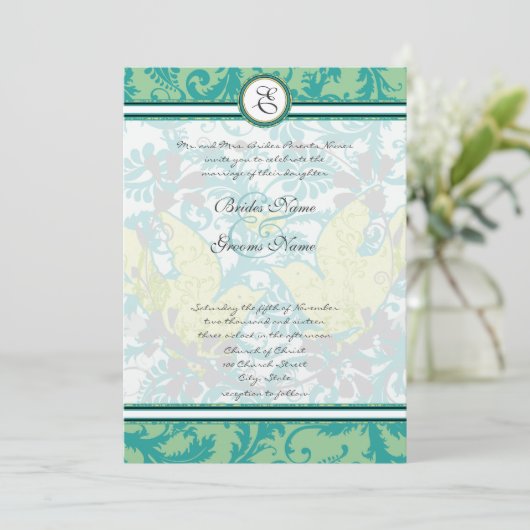 Lagoon Endive Birds Damask Gray Wedding Kaart (Staand voorkant)