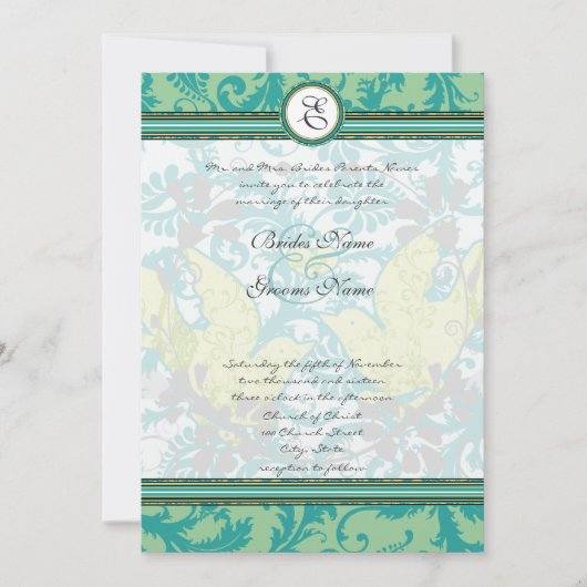 Lagoon Endive  Birds Damask Gray Wedding Kaart (Voorkant)