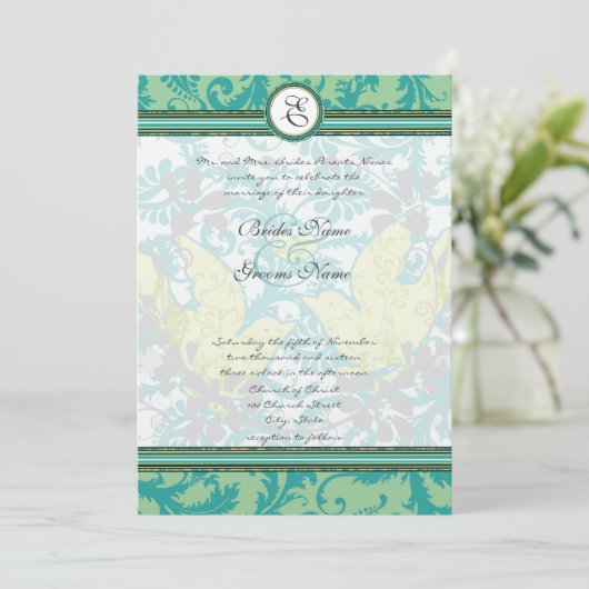 Lagoon Endive  Tortelduifjes Damask Wedding Kaart (Staand voorkant)